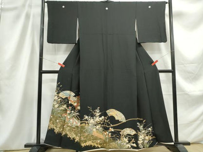 平和屋着物■豪華黒留袖 流水地紙花文 暈し染め 金銀彩 正絹 逸品 DABC9237qa
