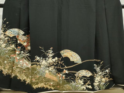 平和屋着物■豪華黒留袖 流水地紙花文 暈し染め 金銀彩 正絹 逸品 DABC9237qa