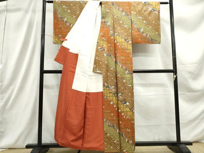 平和屋着物■上質な小紋　扇面飛鶴花文　暈し染め　金彩　正絹　逸品　DABC9312qa
