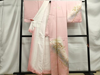 平和屋着物■訪問着　扇面飛鶴花文　暈し染め　金銀彩　正絹　逸品　DABC9322qa