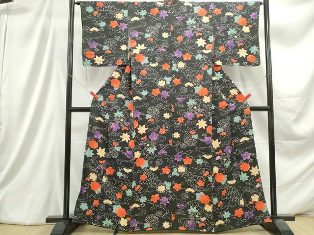 平和屋着物■上質な小紋　流水舞花文　黒地　正絹　逸品　DABC9366qa