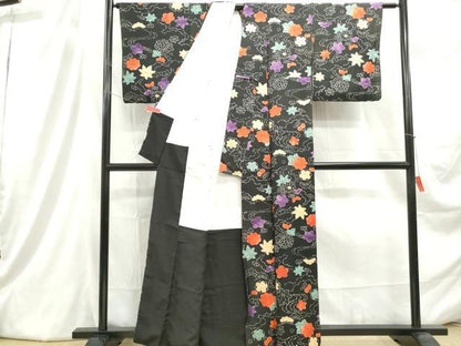 平和屋着物■上質な小紋　流水舞花文　黒地　正絹　逸品　DABC9366qa