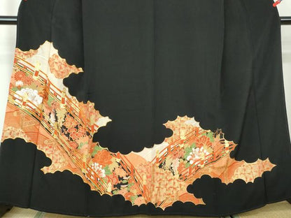 平和屋着物■豪華黒留袖　駒刺繍　渡橋花文　金彩　正絹　逸品　DABC9427qa