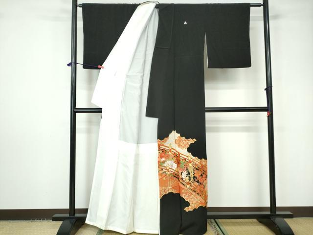 平和屋着物■豪華黒留袖　駒刺繍　渡橋花文　金彩　正絹　逸品　DABC9427qa