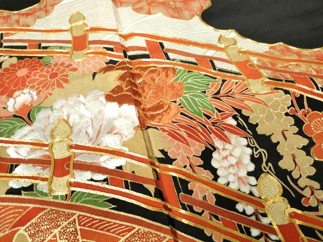 平和屋着物■豪華黒留袖　駒刺繍　渡橋花文　金彩　正絹　逸品　DABC9427qa
