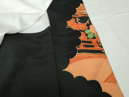 平和屋着物■豪華黒留袖　駒刺繍　渡橋花文　金彩　正絹　逸品　DABC9427qa