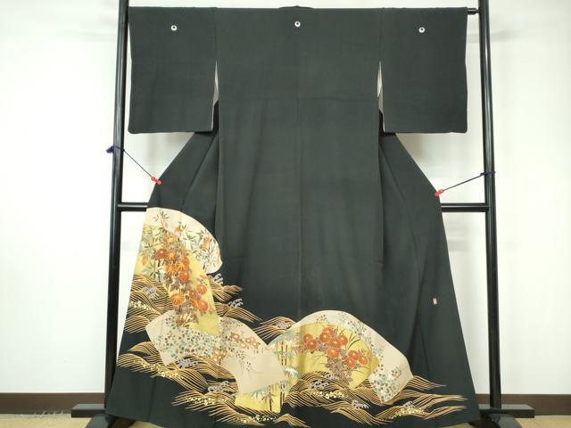 平和屋着物■豪華黒留袖　作家物　駒刺繍　立波地紙花文　金彩　正絹　逸品　DABC9438qa