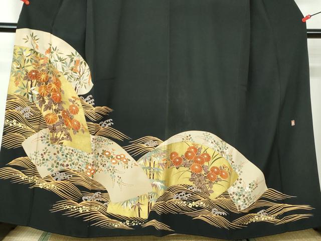 平和屋着物■豪華黒留袖　作家物　駒刺繍　立波地紙花文　金彩　正絹　逸品　DABC9438qa