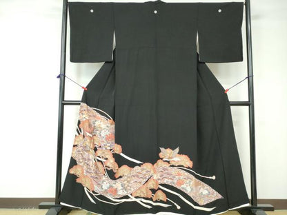 平和屋着物■豪華黒留袖 駒刺繍 花鳥枝松文 金彩 正絹 逸品 DABC9466qa