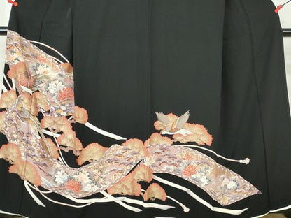 平和屋着物■豪華黒留袖 駒刺繍 花鳥枝松文 金彩 正絹 逸品 DABC9466qa