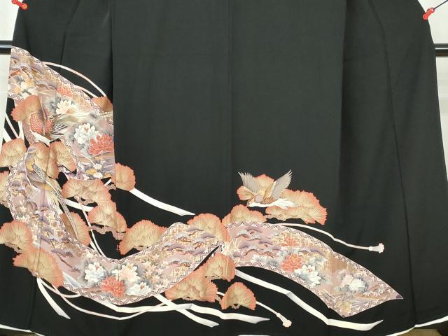平和屋着物■豪華黒留袖 駒刺繍 花鳥枝松文 金彩 正絹 逸品 DABC9466qa
