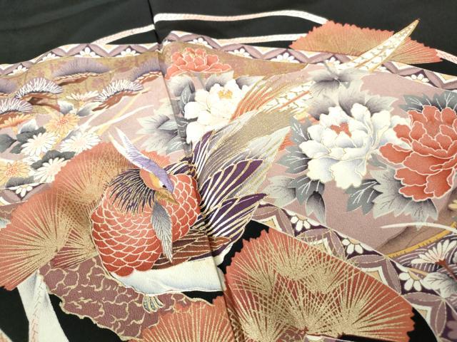 平和屋着物■豪華黒留袖 駒刺繍 花鳥枝松文 金彩 正絹 逸品 DABC9466qa