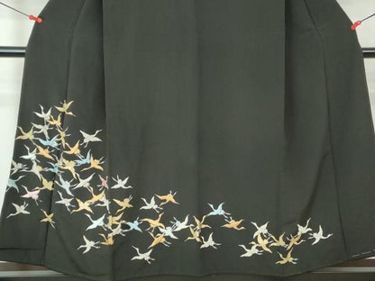 平和屋着物■豪華黒留袖　刺繍　群鶴文　金銀糸　正絹　逸品　DABC9510qa