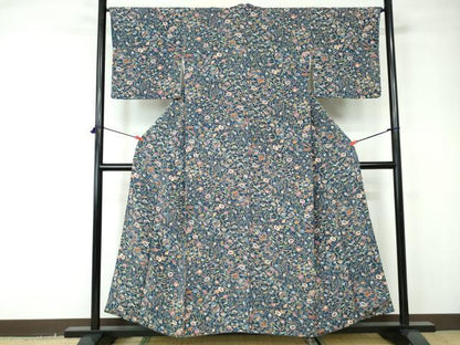 平和屋着物■上質な小紋 扇面花文 鬼しぼ縮緬 正絹 逸品 DABC9518qa
