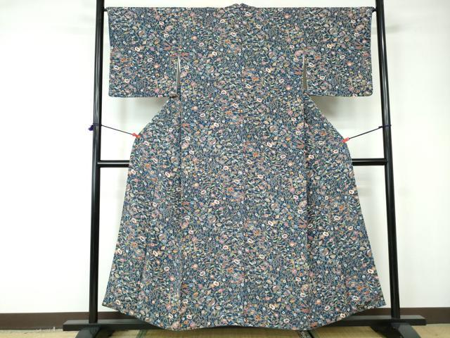 平和屋着物■上質な小紋 扇面花文 鬼しぼ縮緬 正絹 逸品 DABC9518qa