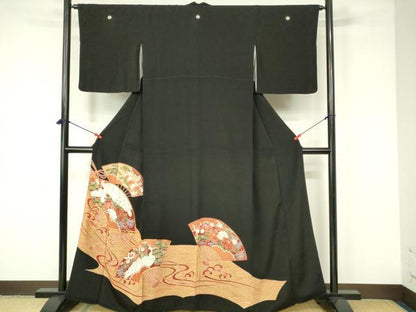 平和屋着物■豪華黒留袖　駒刺繍　扇面花鳥文　金彩　正絹　逸品　DABC9534qp
