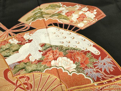 平和屋着物■豪華黒留袖　駒刺繍　扇面花鳥文　金彩　正絹　逸品　DABC9534qp