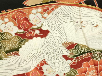 平和屋着物■豪華黒留袖　駒刺繍　扇面花鳥文　金彩　正絹　逸品　DABC9534qp