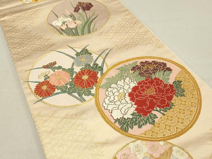 平和屋着物◎六通柄袋帯 唐織 花丸文 金糸 正絹 逸品 DABC9554qp