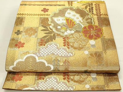 平和屋着物◎六通柄袋帯　唐織　花蝶文　金糸　正絹　逸品　DABC9576qp