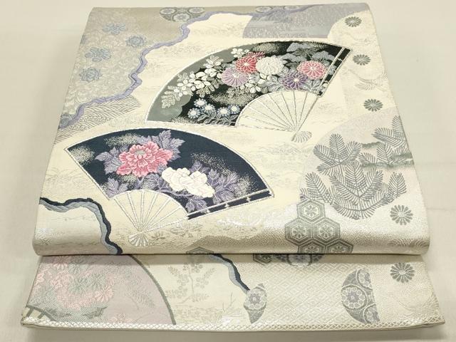 平和屋着物◎六通柄袋帯　唐織　巧芸箔　花扇添春　銀糸　正絹　逸品　DABC9583qp