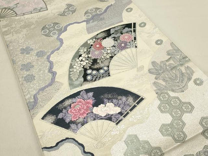 平和屋着物◎六通柄袋帯　唐織　巧芸箔　花扇添春　銀糸　正絹　逸品　DABC9583qp
