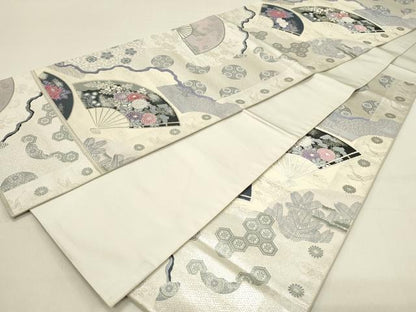 平和屋着物◎六通柄袋帯　唐織　巧芸箔　花扇添春　銀糸　正絹　逸品　DABC9583qp