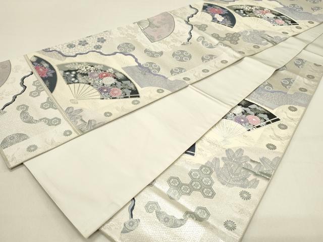 平和屋着物◎六通柄袋帯　唐織　巧芸箔　花扇添春　銀糸　正絹　逸品　DABC9583qp
