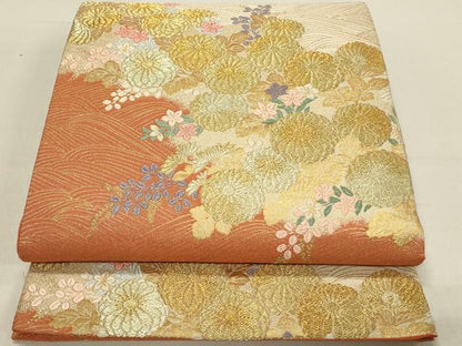 平和屋着物◎六通柄袋帯　唐織　菊萩桔梗能衣波　金糸　正絹　逸品　DABC9597qp