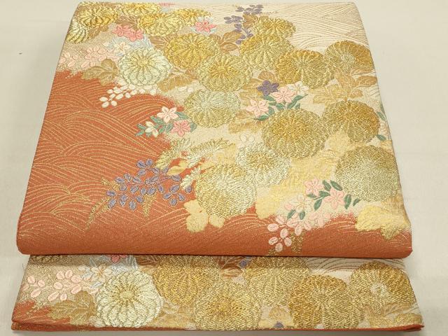 平和屋着物◎六通柄袋帯　唐織　菊萩桔梗能衣波　金糸　正絹　逸品　DABC9597qp