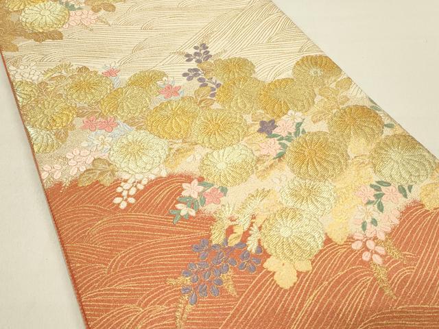 平和屋着物◎六通柄袋帯　唐織　菊萩桔梗能衣波　金糸　正絹　逸品　DABC9597qp