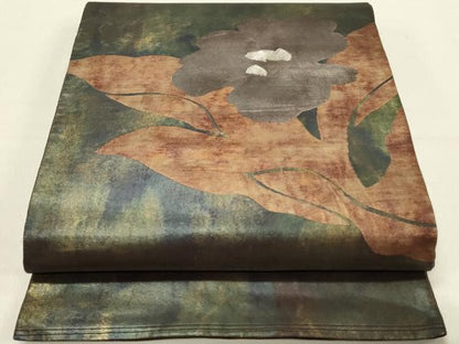 平和屋着物◎太鼓柄袋帯　草花文　引箔　正絹　逸品　DABC9606qp