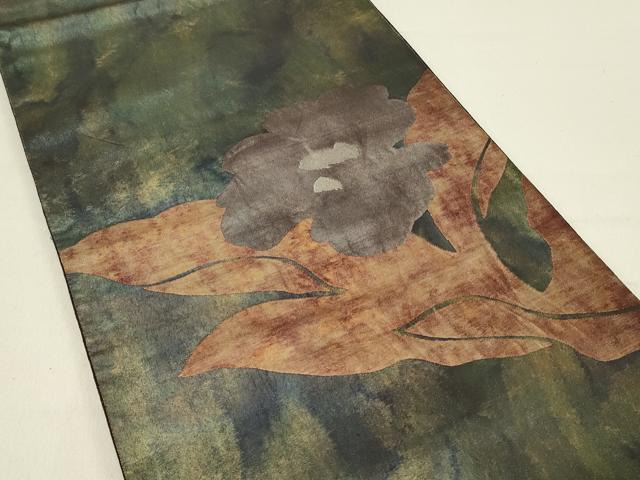 平和屋着物◎太鼓柄袋帯　草花文　引箔　正絹　逸品　DABC9606qp