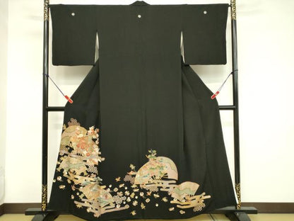 平和屋着物■豪華黒留袖 扇面枝梅文 宝尽くし 金彩 正絹 逸品 DABC9664qp