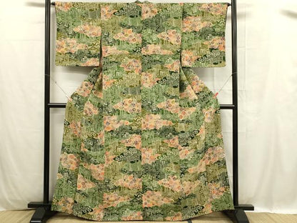 平和屋着物■上質な小紋 型染 雲取り花松文 鬼しぼ縮緬 正絹 逸品 DABC9695qp