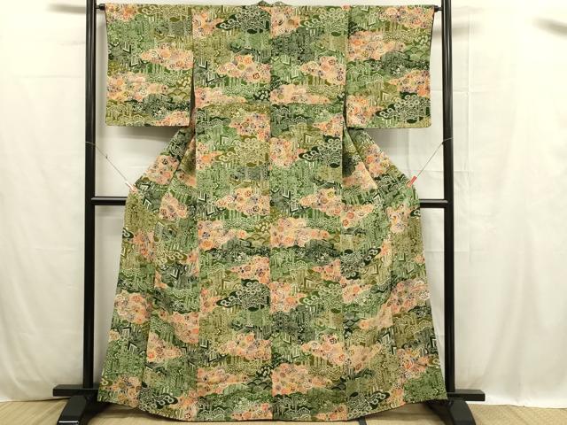平和屋着物■上質な小紋 型染 雲取り花松文 鬼しぼ縮緬 正絹 逸品 DABC9695qp