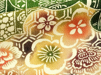 平和屋着物■上質な小紋 型染 雲取り花松文 鬼しぼ縮緬 正絹 逸品 DABC9695qp