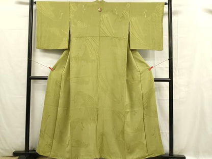 平和屋着物■上質な色無地 孔雀地紋 抹茶色 正絹 逸品 DABC9709qp