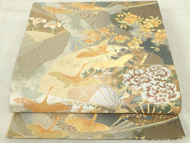 平和屋着物◎六通柄袋帯 飛鶴扇面花文 金銀糸 正絹 逸品 DABC9727qp