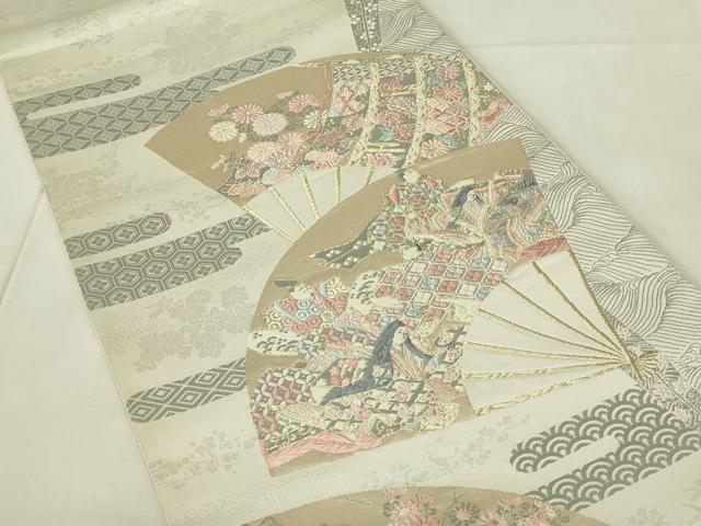 平和屋着物◎六通柄袋帯 唐織 扇面取り三十六歌仙図 プラチナ箔 正絹 逸品 DABC9735qp