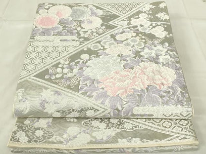 平和屋着物◎六通柄袋帯 唐織 九百錦 草花文 プラチナ箔 正絹 逸品 DABC9736qp