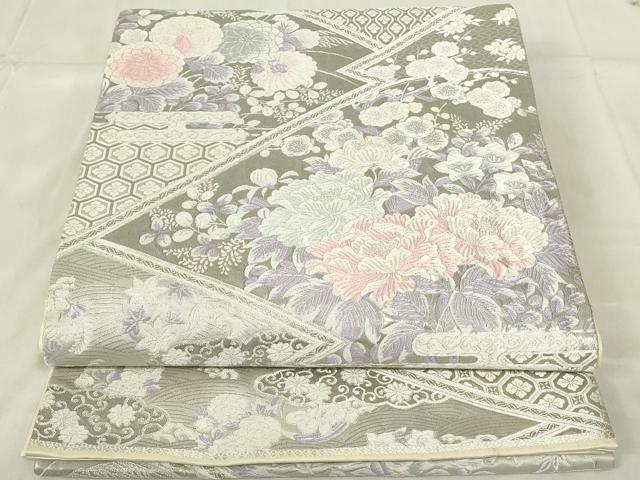 平和屋着物◎六通柄袋帯 唐織 九百錦 草花文 プラチナ箔 正絹 逸品 DABC9736qp