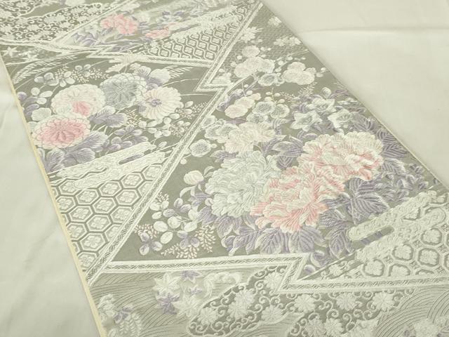 平和屋着物◎六通柄袋帯 唐織 九百錦 草花文 プラチナ箔 正絹 逸品 DABC9736qp