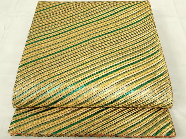 平和屋着物◎全通柄袋帯 斜縞 金糸 正絹 逸品 DABC9739qp