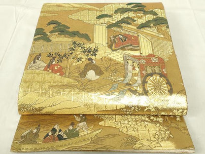 平和屋着物◎佐賀錦　六通柄袋帯　人物風景文　金糸　正絹　逸品　DABC9752qp