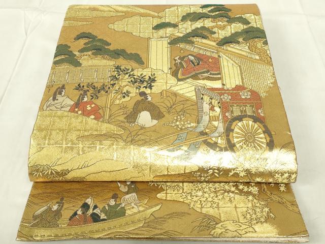 平和屋着物◎佐賀錦　六通柄袋帯　人物風景文　金糸　正絹　逸品　DABC9752qp
