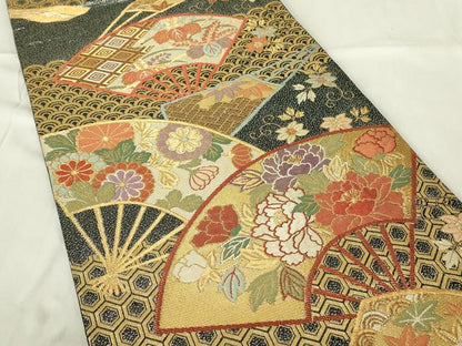 平和屋着物◎六通柄袋帯 扇面吉祥花文 金糸 正絹 逸品 DABC9760qp