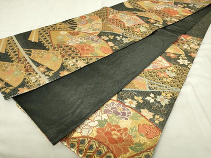 平和屋着物◎六通柄袋帯 扇面吉祥花文 金糸 正絹 逸品 DABC9760qp