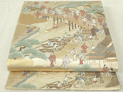 平和屋着物◎六通柄袋帯 人物風景文 金糸 正絹 逸品 DABC9767qp