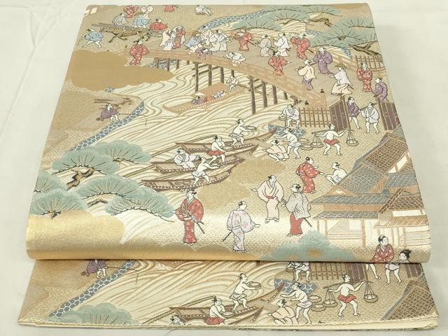平和屋着物◎六通柄袋帯 人物風景文 金糸 正絹 逸品 DABC9767qp